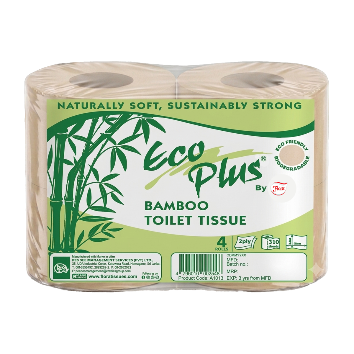 ECO PLUS BY FLORA BAMBOO TOILET PAPER ROLL 2PLY 310 SHEETS- FOUR PACK