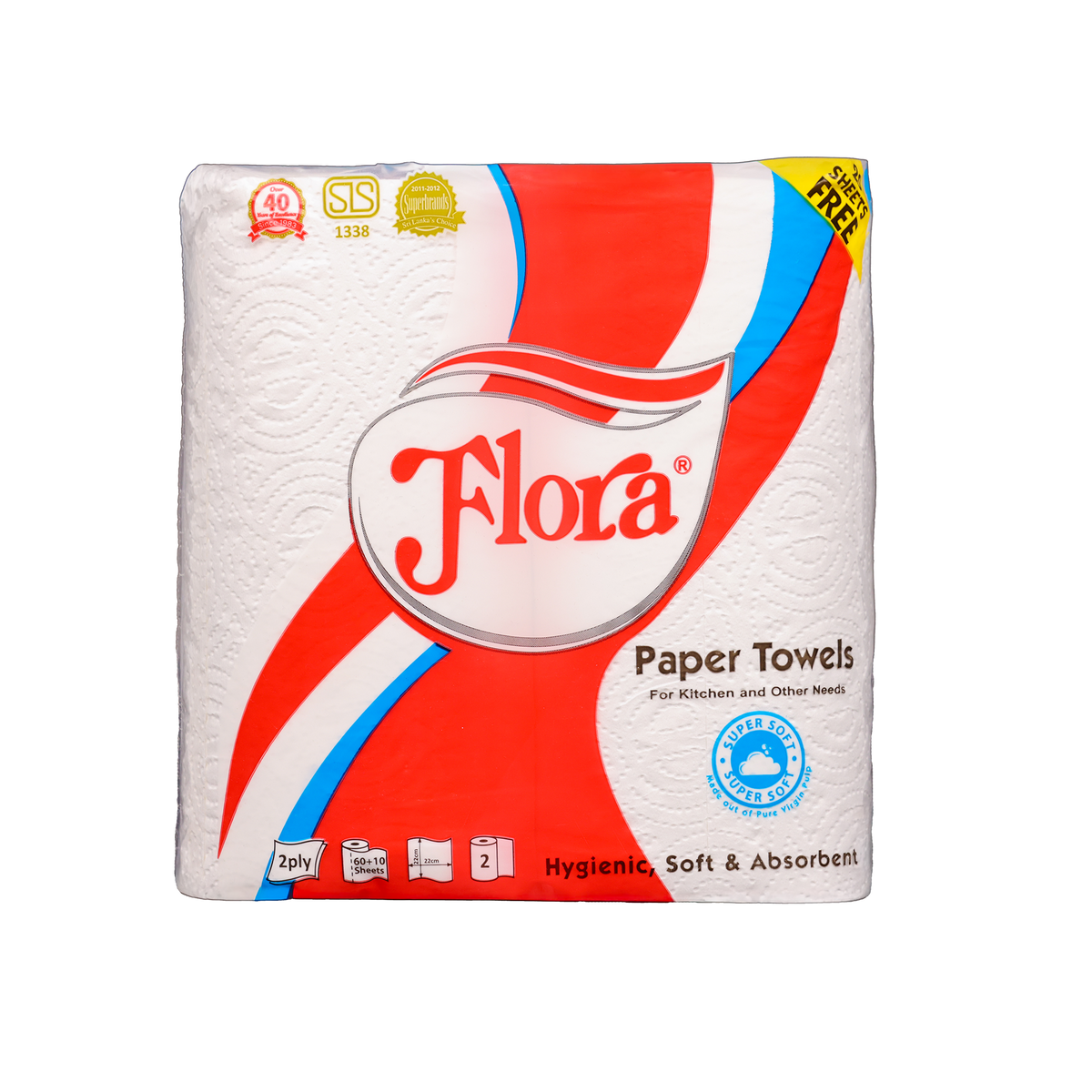 FLORA KITCHEN PAPER TOWEL ROLL 2PLY 60 SHEETS  - TWO PACK